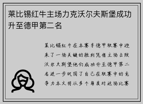 莱比锡红牛主场力克沃尔夫斯堡成功升至德甲第二名