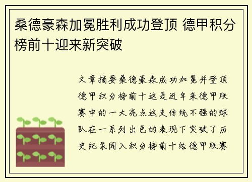 桑德豪森加冕胜利成功登顶 德甲积分榜前十迎来新突破