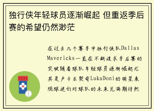 独行侠年轻球员逐渐崛起 但重返季后赛的希望仍然渺茫